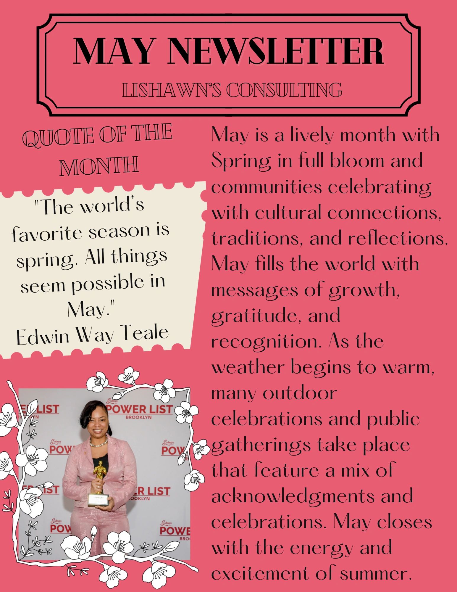 May newsletter with quote and celebration themes from Lishawn's Consulting.