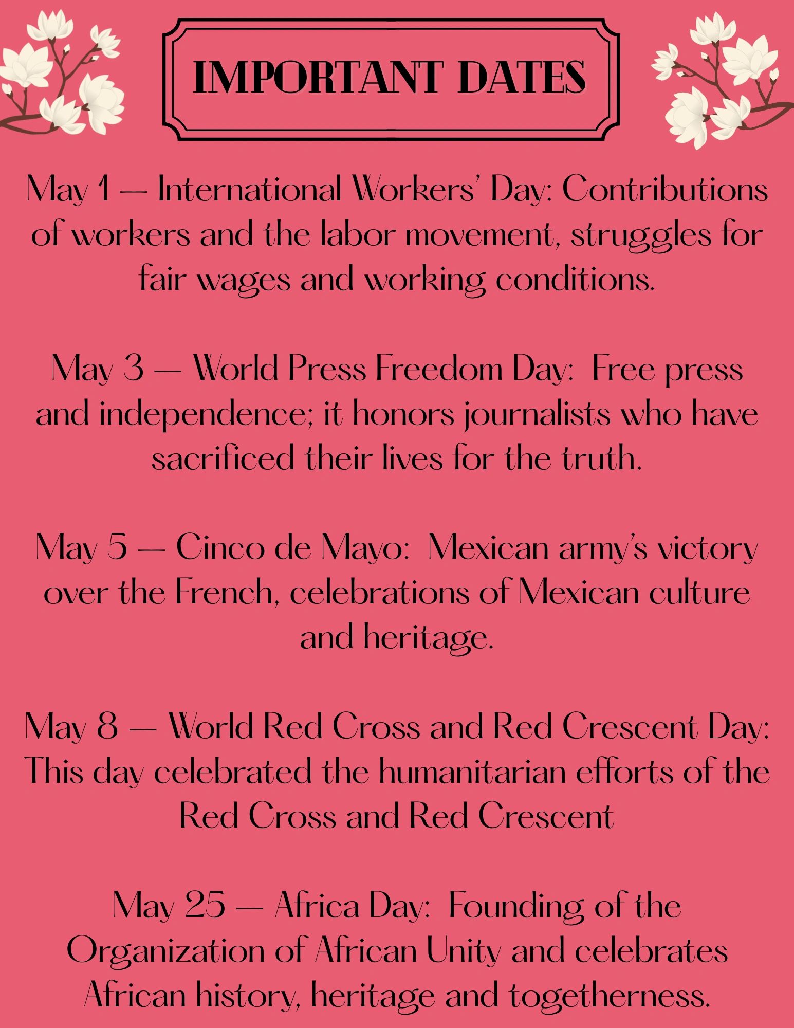 A pink poster listing important dates in May with floral decorations.