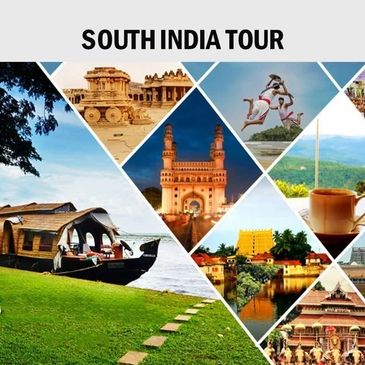 Collage of iconic South India landmarks and cultural scenes for a South India tour.