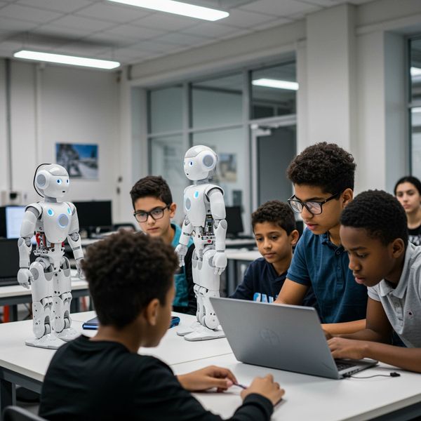 Students working with humanoid robots in a technology lab.
