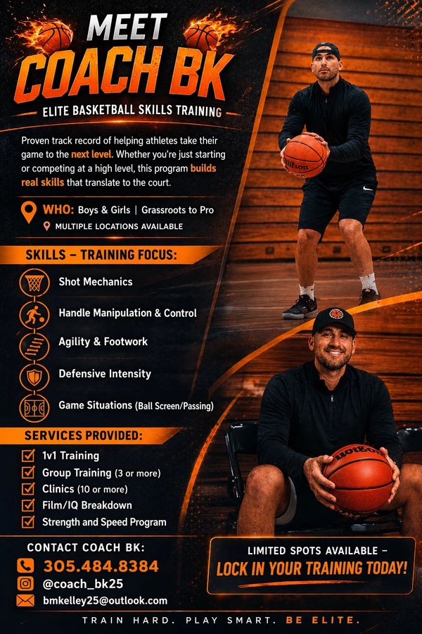 Coach BK offers elite basketball skills training for all skill levels, focusing on shot mechanics, footwork, and game situations.