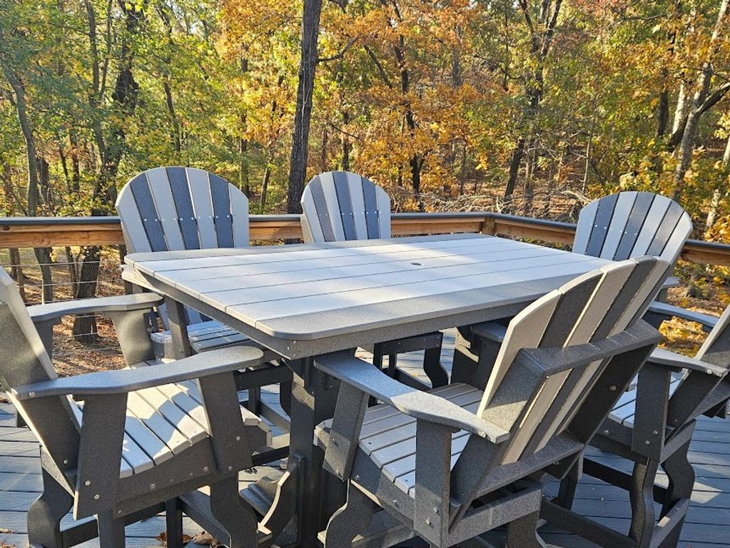Counter-height 72" poly outdoor dining table & 6 counter-height patio chairs in black & light gray