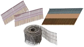 nails, collated, clipped head, round head, ring shank, screw, , bright, smooth, coil, fasteners.