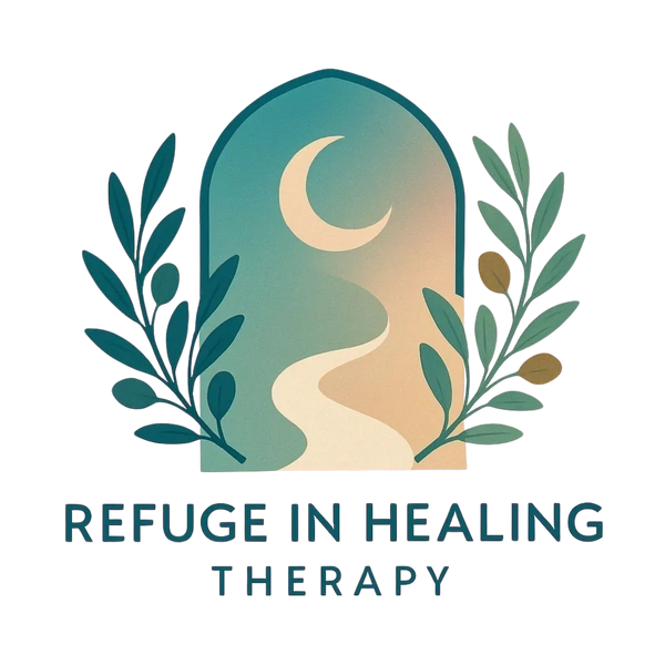 Logo with crescent moon, path, leaves, and text 'Refuge in Healing Therapy'.