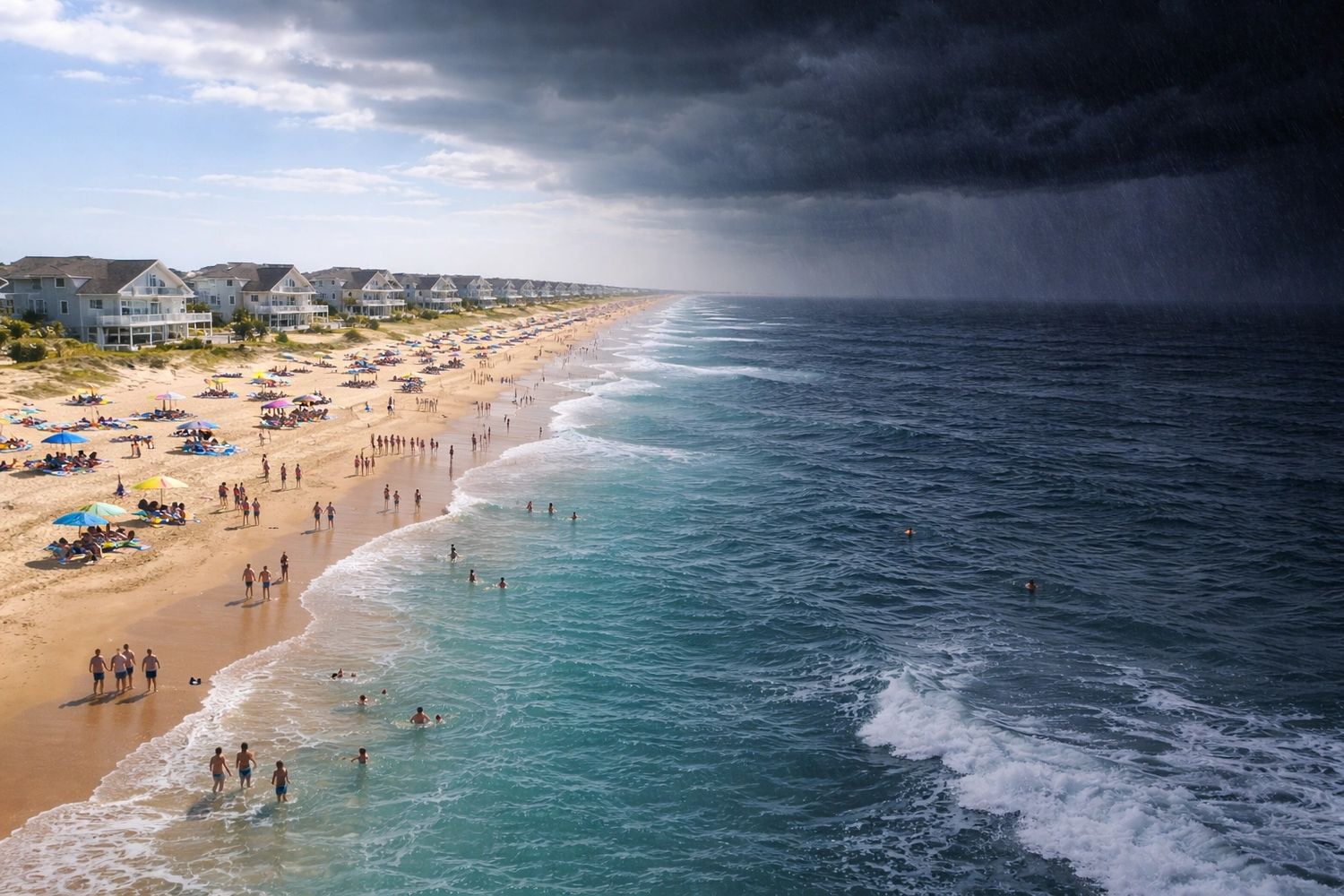 Beach with sunny and stormy weather split, people enjoying the timeshare shore.