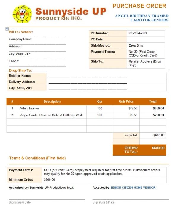 Purchase order from Sunnyside UP Production Inc. for frames and angel cards.