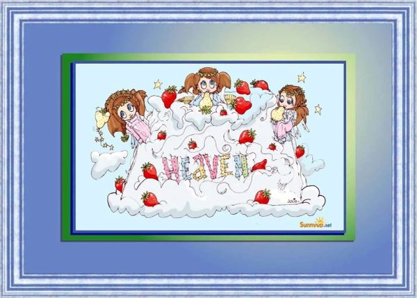 Cartoon angels with strawberries and the word "HEAVEN" on clouds.