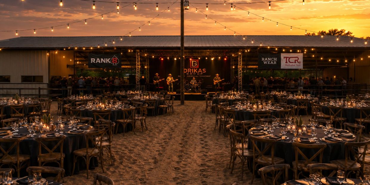 Outdoor evening event with band and dinner tables.
