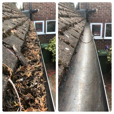 Before and after gutter cleaning showing gutter full of leaves and one with no leaved