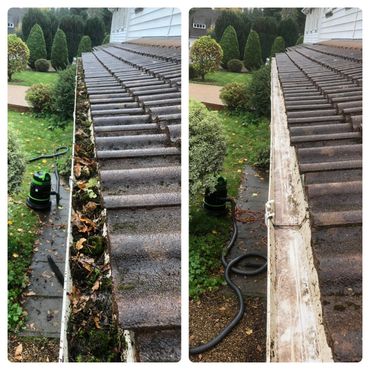 Before and after gutter cleaning showing gutter full of leaves and after when fully clean