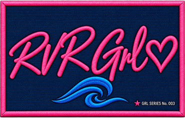 Embroidered patch reading 'RVR Grl' with a wave design.