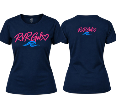Women’s navy blue T-shirt with pink and blue print.
