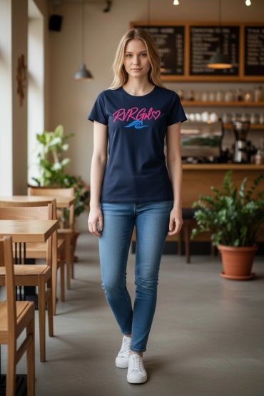 Woman in casual outfit walking in cafe.