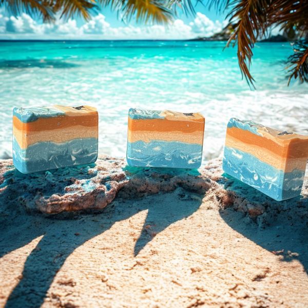 Three beach-themed soaps on sand with ocean and palm trees in background.