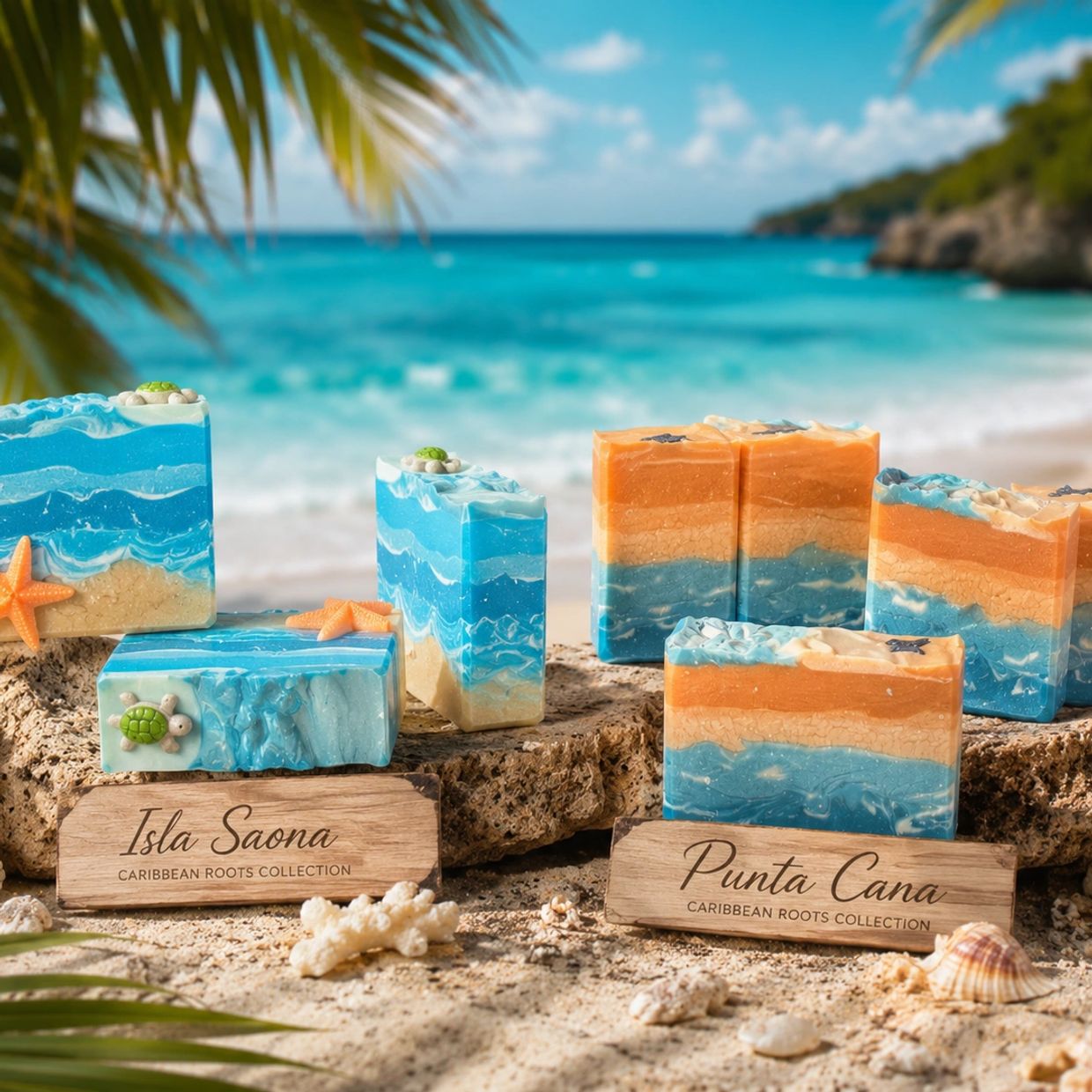 Artisan soaps inspired by Caribbean beaches with ocean and sand designs.