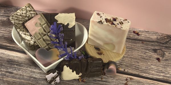 Artisan soaps in various shapes and colors arranged on a wooden surface.