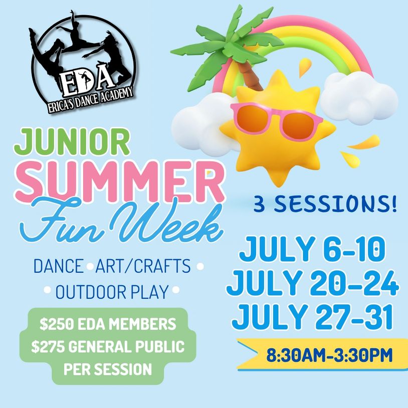 Junior Summer Fun Week at Erica's Dance Academy with dance, art, crafts, and outdoor play sessions in July.