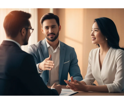 Three professionals having a discussion in an office setting.