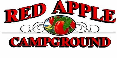 Logo for Red Apple Campground with red apples graphic.