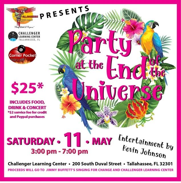 Colorful event poster for Party at the End of the Universe on May 11 in Tallahassee, FL.