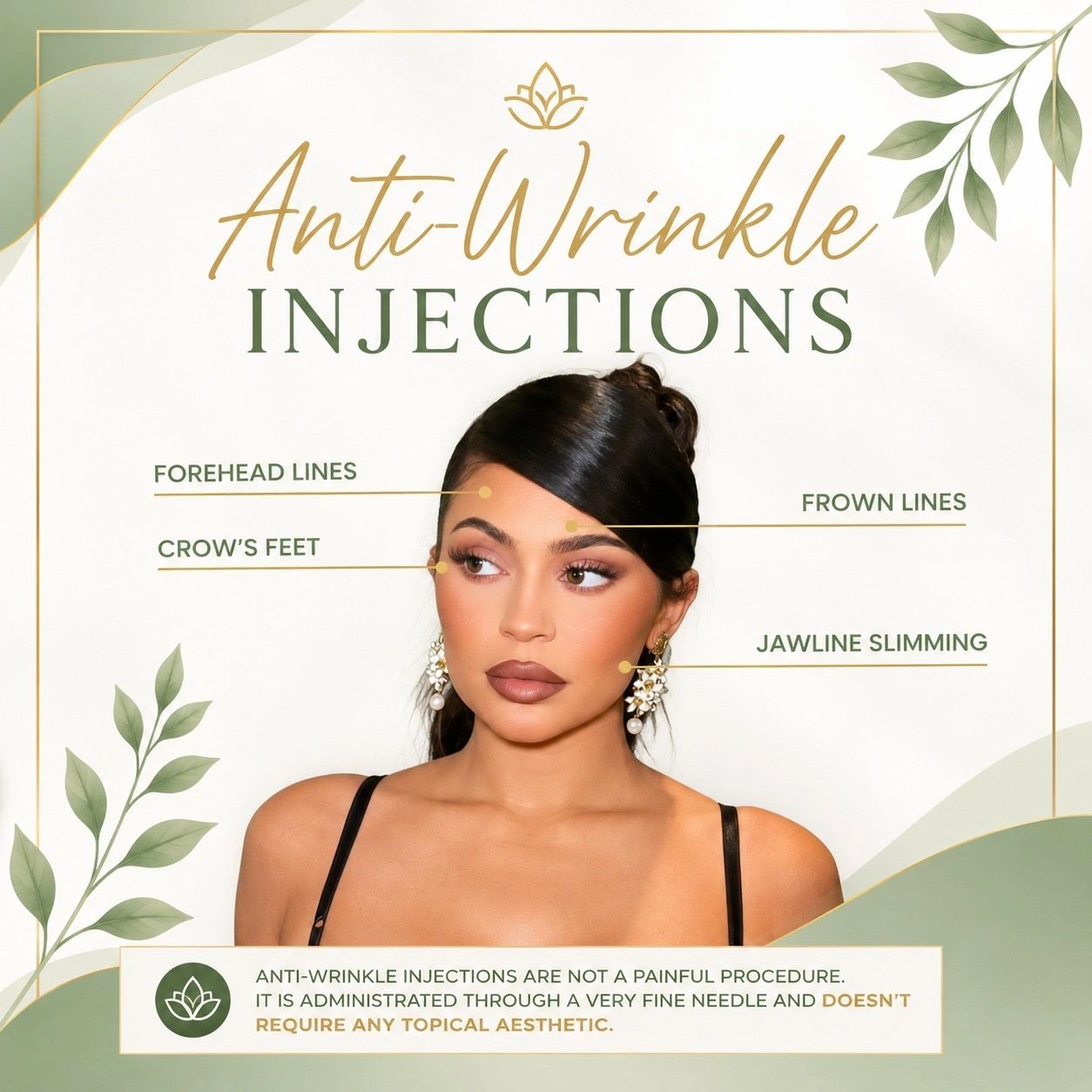Anti-wrinkle injections target forehead, frown lines, crow's feet, and jawline slimming.
