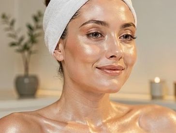 Woman with glowing skin and towel on head.