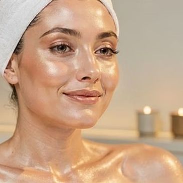 Woman with glowing skin and towel on head.