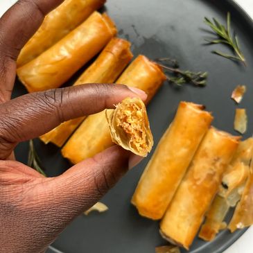 Golden flio pastry rolls containing Wensleydale cheese and chutney