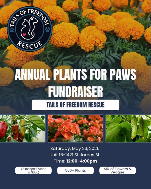 Fundraiser for Tails of Freedom Rescue with plants and BBQ on May 23, 2026.