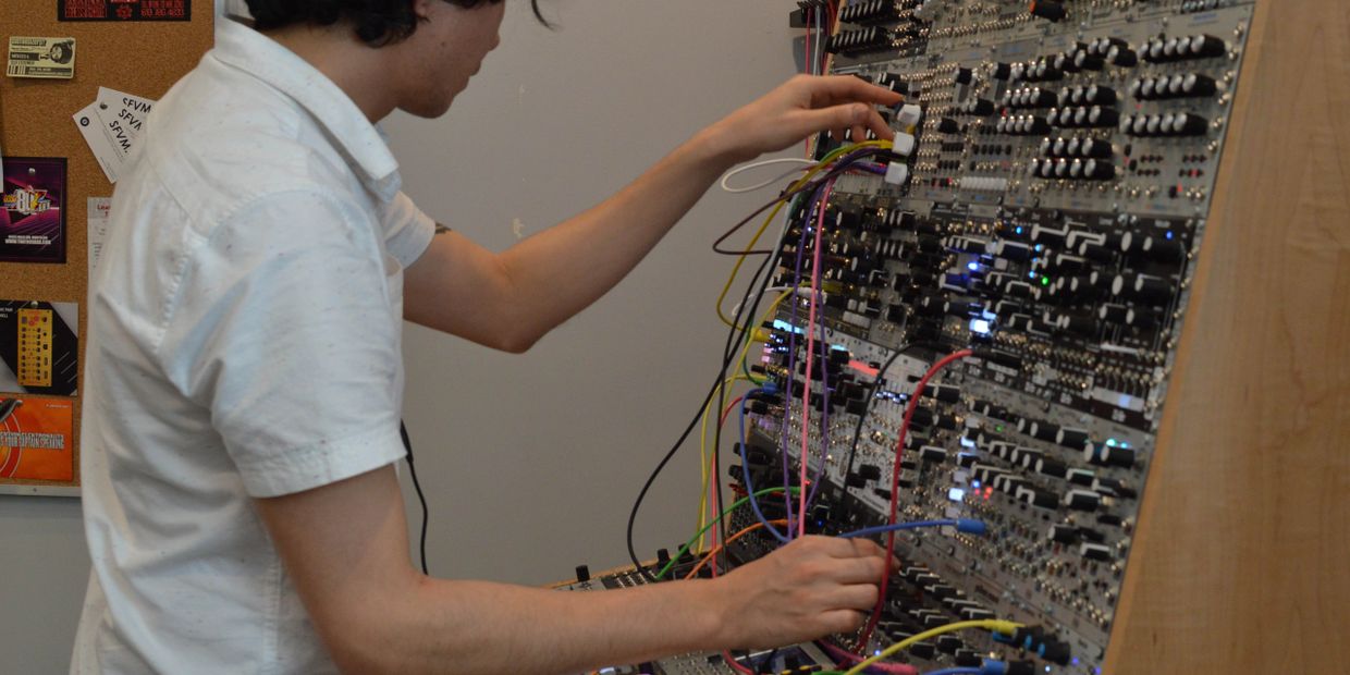 music producer smolbits at Los Angeles modular synth and synthesizer shop Perfect Circuit.