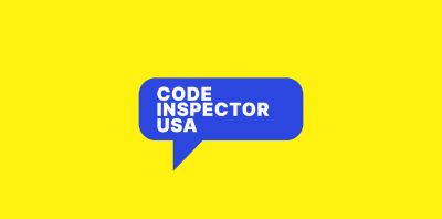 Blue speech bubble with 'CODE INSPECTOR USA' on yellow background.