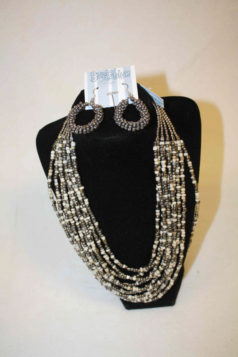 Suzie Blue Multi Strand Black And White Beaded Necklace Black Beaded