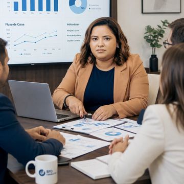 Mulher apresenta dados financeiros em reunião.