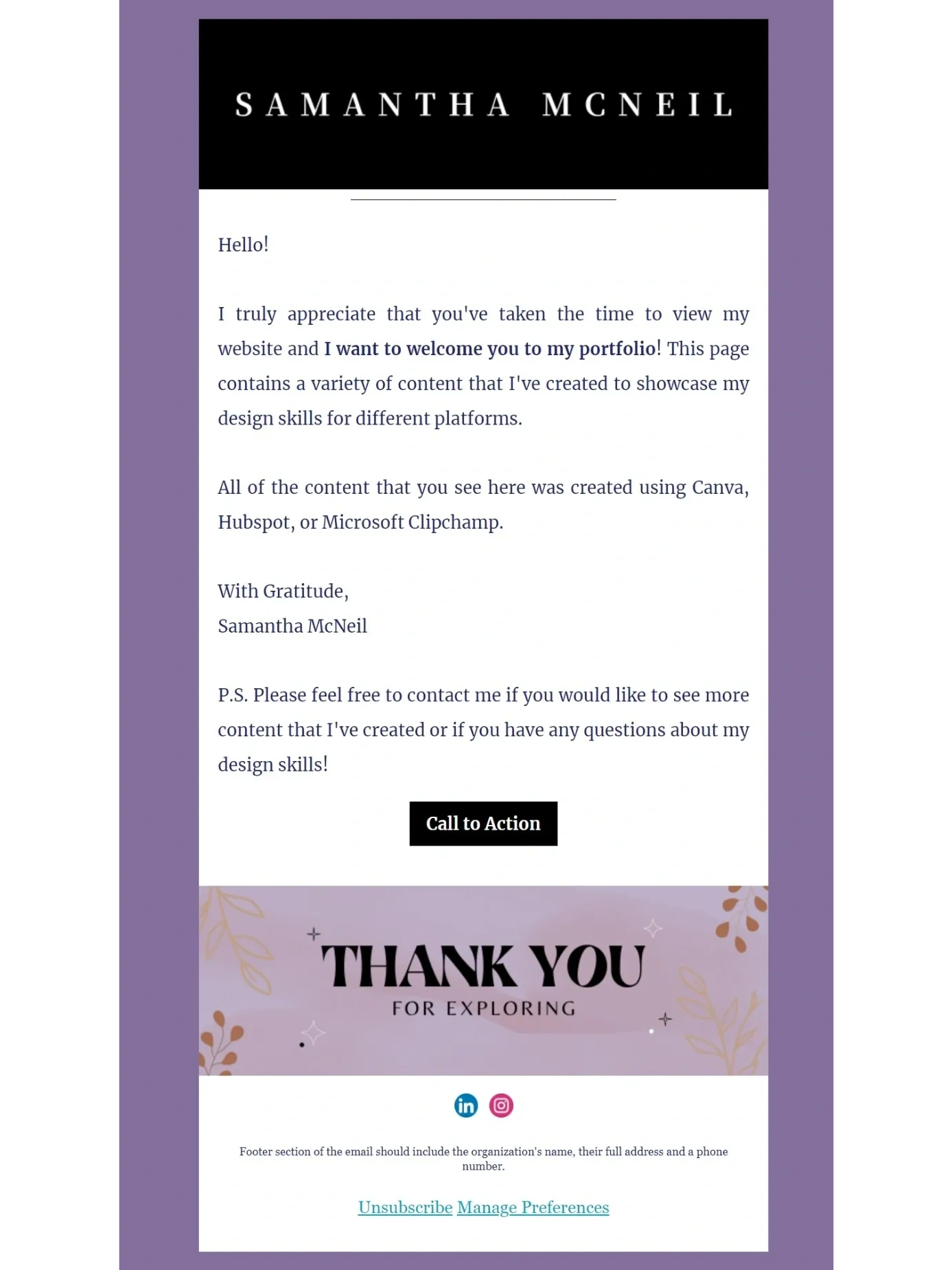 Email designed in Hubspot that welcomes users to the page and gives background to my design skills.