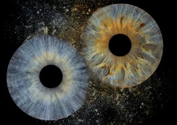 Close-up of two colorful human irises against a dark background.