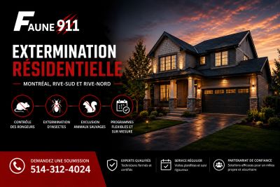 Extermination résidentielle et contrôle d’animaux sauvages – Montréal, Rive-Sud et Rive-Nord