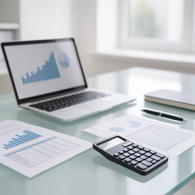 Workspace with laptop, calculator, and financial documents.