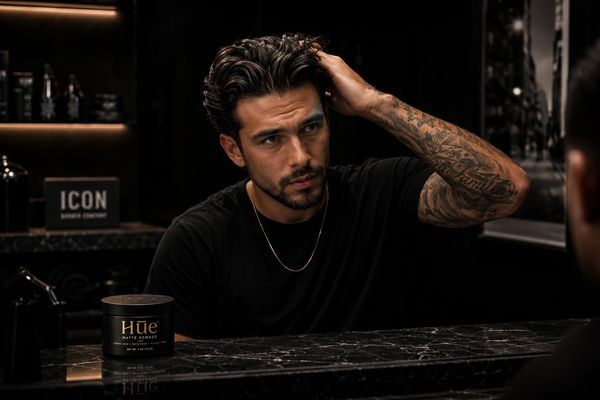 Man with tattoo fixing his hair in a mirror.