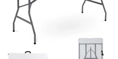 Foldable white plastic table with metal legs, shown in folded and unfolded states.