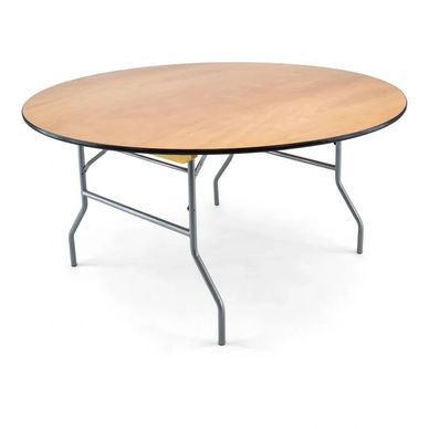 Round wooden table with metal folding legs.