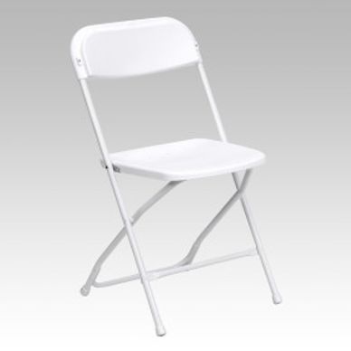 A simple white folding chair against a gradient background.