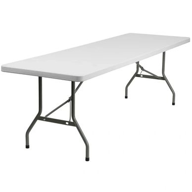 Long white folding table with metal legs.