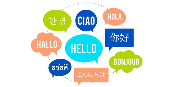 Nine different speech clouds in various languages and colors saying hello.