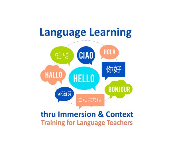 Logo for Language learning course with nine different speech clouds in various languages saying hell