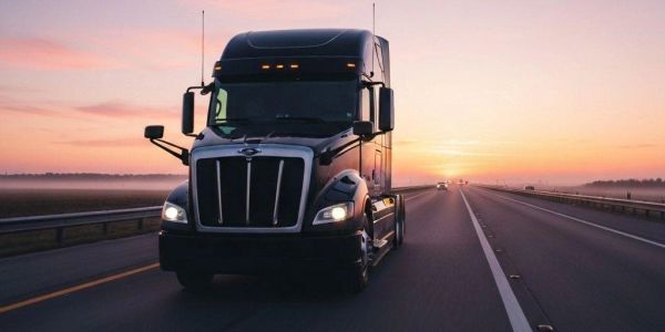 Black semi-truck driving on highway at sunset.