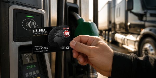 Hand holding a fuel card at a diesel pump.