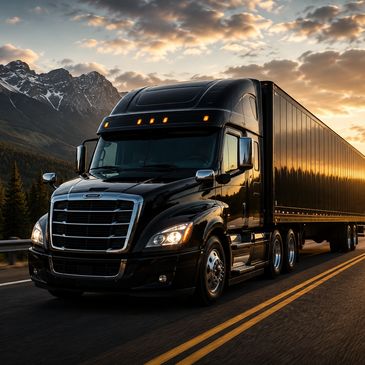 Black semi-truck driving on mountain road at sunset.