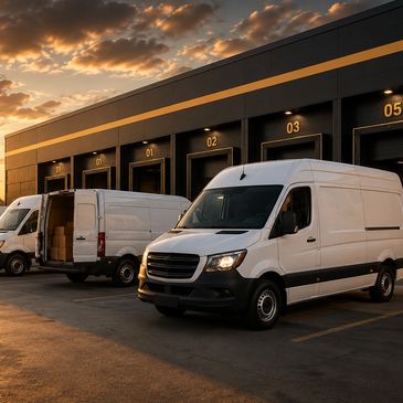 White delivery vans parked at a warehouse loading dock at sunset.