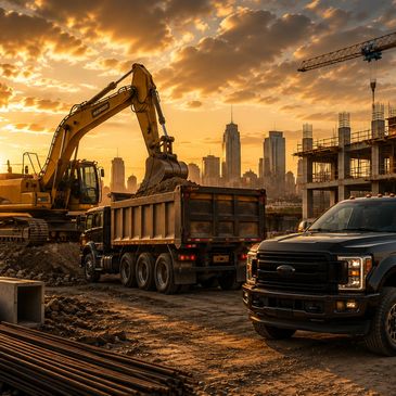 Construction site with excavator, dump truck, and black pickup at sunset.