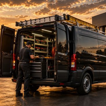 Man organizing tools in a black work van at sunset.